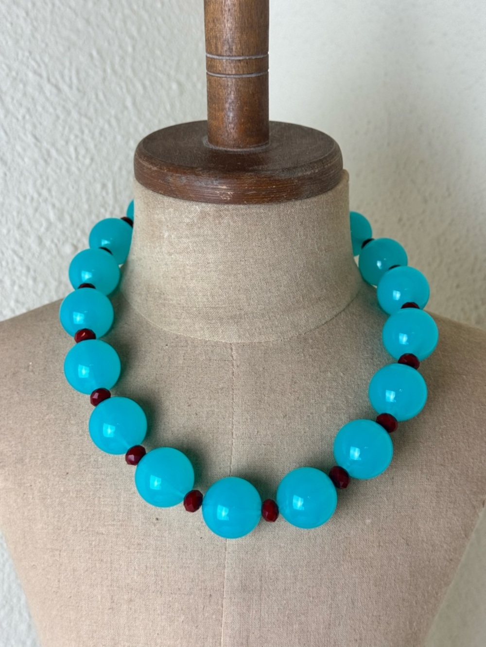 Teal color lucite bead statement necklace with silver plated clasp
